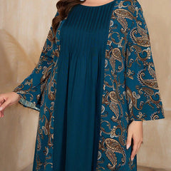 Women's Plus Size Bohemian Floral Printed Maxi Dress, Pleated Front Long Sleeve Crew Neck Loose Fit