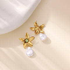 Stainless Steel Flower Green Zircon Stud Earrings