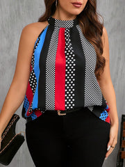 Women Contrast Polka Dot Print Casual Cold Shoulder Halter Blouse