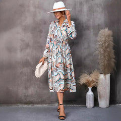 Leaves Printed Mid-length Long Sleeve Dress