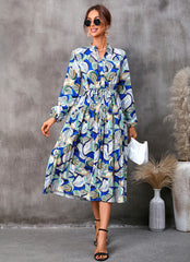 Leaves Printed Mid-length Long Sleeve Dress