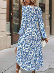 Women's New Printed Round Neck Long Sleeve Ruffled Dress
