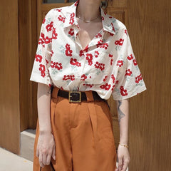 Hong Kong Style Flower Loose Short Sleeve Shirt Top Summer Thin