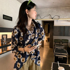 Hong Kong Style Flower Loose Short Sleeve Shirt Top Summer Thin
