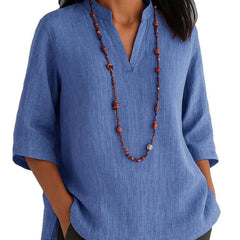 Summer Women's Clothing V-neck 34 Sleeves Cotton And Linen Loose Casual Shirt