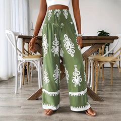 Women's 3D Pattern Lace-up Casual High Waist Print Wide-leg Pants