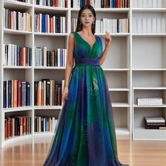 Deep V-neck Backless Printing Chiffon Big Swing Dress