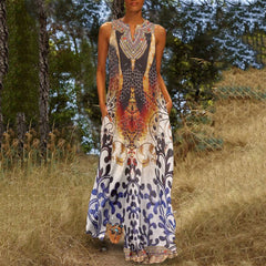 Four-sided Stretch V-neck Printed Sleeveless Dress Women's Summer