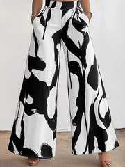 Women's High Waist Black And White Printed Fashionable Wide Leg Pants