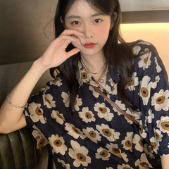 Hong Kong Style Flower Loose Short Sleeve Shirt Top Summer Thin
