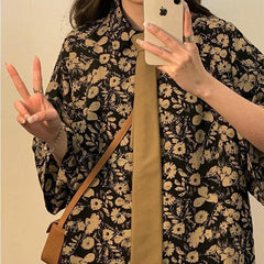 Hong Kong Style Flower Loose Short Sleeve Shirt Top Summer Thin