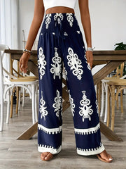 Women's 3D Pattern Lace-up Casual High Waist Print Wide-leg Pants