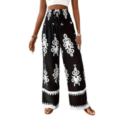 Women's 3D Pattern Lace-up Casual High Waist Print Wide-leg Pants