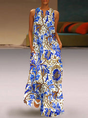 Four-sided Stretch V-neck Printed Sleeveless Dress Women's Summer