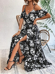 Ins Off-Shoulder Split Dress Summer Floral Print Suspender Long Dresses With Belt Design Women's Beach Clothing