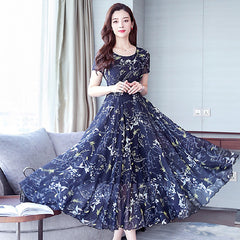 Middle-aged Ice Silk Large Swing Dress Elegant Floral Slimming Long Dress Women