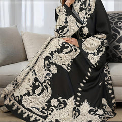 Women's Vintage High-Neck Floral Maxi Dress Loose Long Sleeve, Adjustable Waist Belt, Middle Eastern Inspired Holiday Dress Ankle-Length Gown