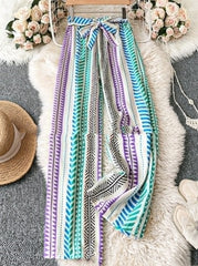 Striped Digital Printing Wide Leg Leisure Slim Fit Tied Cropped Pants