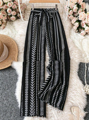 Striped Digital Printing Wide Leg Leisure Slim Fit Tied Cropped Pants