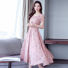 Middle-aged Ice Silk Large Swing Dress Elegant Floral Slimming Long Dress Women