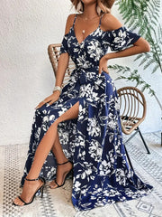 Ins Off-Shoulder Split Dress Summer Floral Print Suspender Long Dresses With Belt Design Women's Beach Clothing