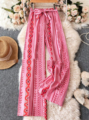 Striped Digital Printing Wide Leg Leisure Slim Fit Tied Cropped Pants