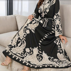 Women's Vintage High-Neck Floral Maxi Dress Loose Long Sleeve, Adjustable Waist Belt, Middle Eastern Inspired Holiday Dress Ankle-Length Gown