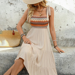 Women's Summer Boho Spaghetti Straps Dress Casual Long A-line Beach Dress Square Neck Flowy Sundress