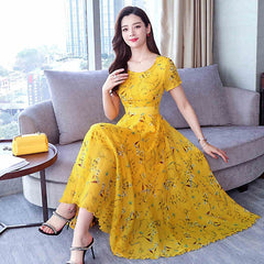 Middle-aged Ice Silk Large Swing Dress Elegant Floral Slimming Long Dress Women