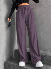 New Women's Elastic Waist Pinstripe Road Straight Wide Leg