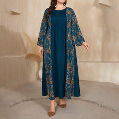 Women's Plus Size Bohemian Floral Printed Maxi Dress, Pleated Front Long Sleeve Crew Neck Loose Fit