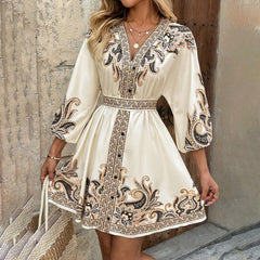 Women's Elegant V-Neck Floral Print Dress - Lantern Sleeve Wrap Waist Belted Midi Dress For Spring&Summer Vacation