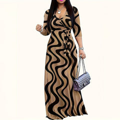Women's Summer Geometric Print Maxi Dresses Casual 3 4 Sleeve V-Neck Tie Waist Long Dress