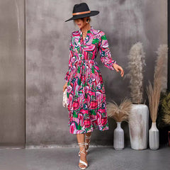 Leaves Printed Mid-length Long Sleeve Dress