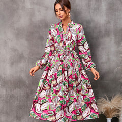 Leaves Printed Mid-length Long Sleeve Dress