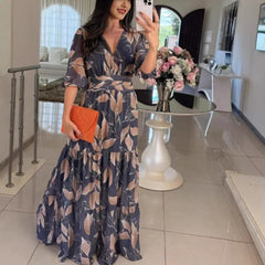 V-neck Fashion Elegant Printed Long Dress