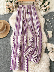 Striped Digital Printing Wide Leg Leisure Slim Fit Tied Cropped Pants