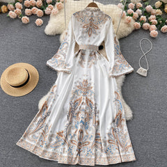 European And American Style Retro Printed Bell Sleeve Dress