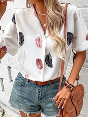Women's Lapel Feather Printed Shirt Short Sleeve