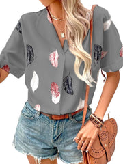 Women's Lapel Feather Printed Shirt Short Sleeve