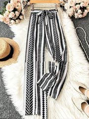 Striped Digital Printing Wide Leg Leisure Slim Fit Tied Cropped Pants