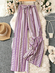 Striped Digital Printing Wide Leg Leisure Slim Fit Tied Cropped Pants