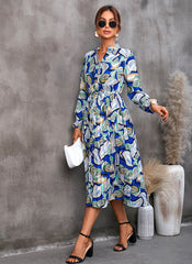 Leaves Printed Mid-length Long Sleeve Dress